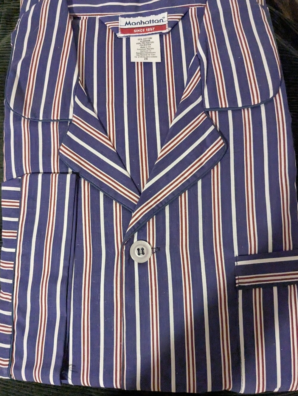 NOS 2X Manhattan Vintage Mens Pajama Set Blue Stripe 1980s Blend Button Front